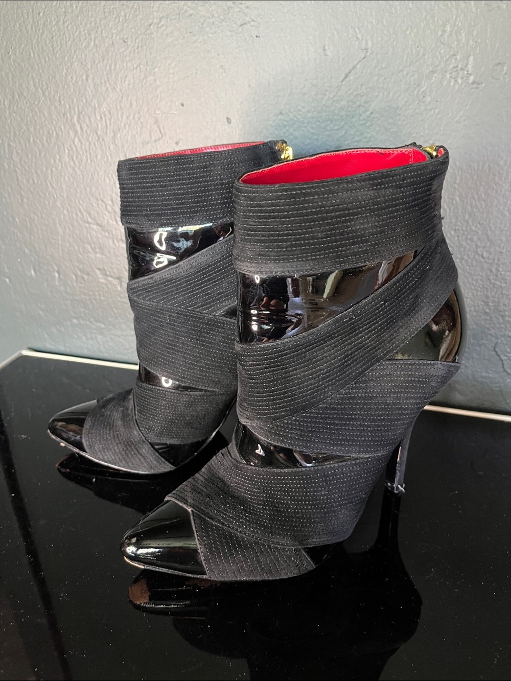Charles Jourdan Black Suede Patent Leather Cecil Strappy Stiletto Ankle Boots